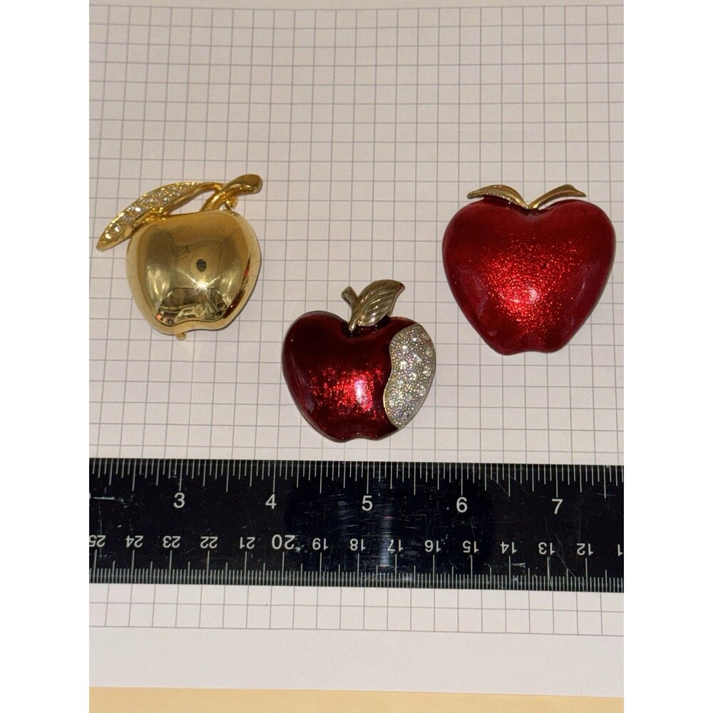 Vintage Fruit Apple Brooch Pin Lot of 3 - Gold & Silver Tone. Approx 1.5” Each.
